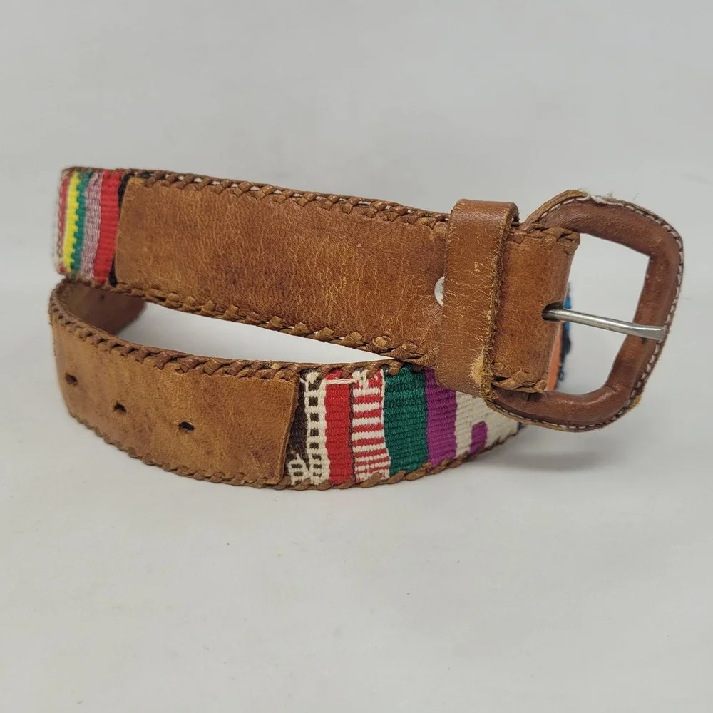 Brown Leather Belt XS Woven Colorful Artisan Ethnic Mayan Aztec Tribal Baja Folk